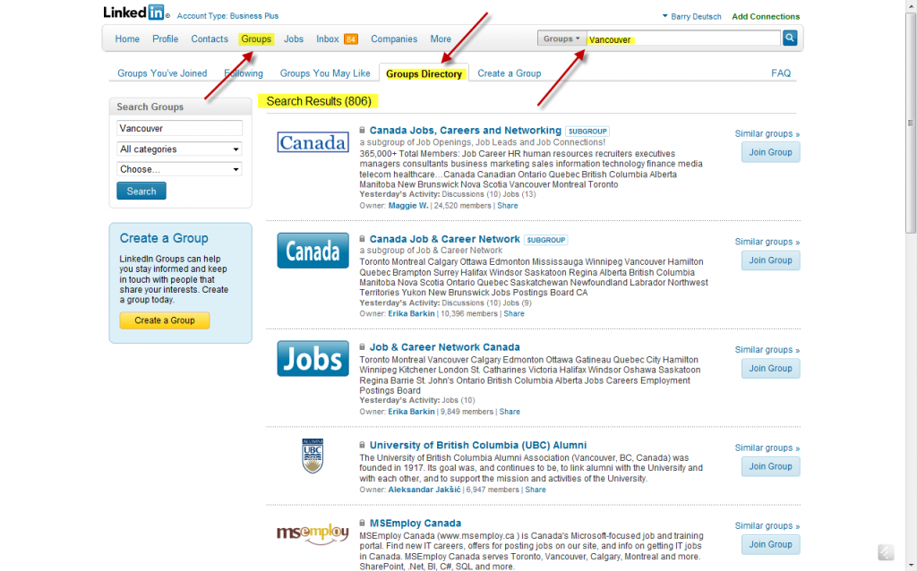 LinkedIn Groups Menu Screen Shot