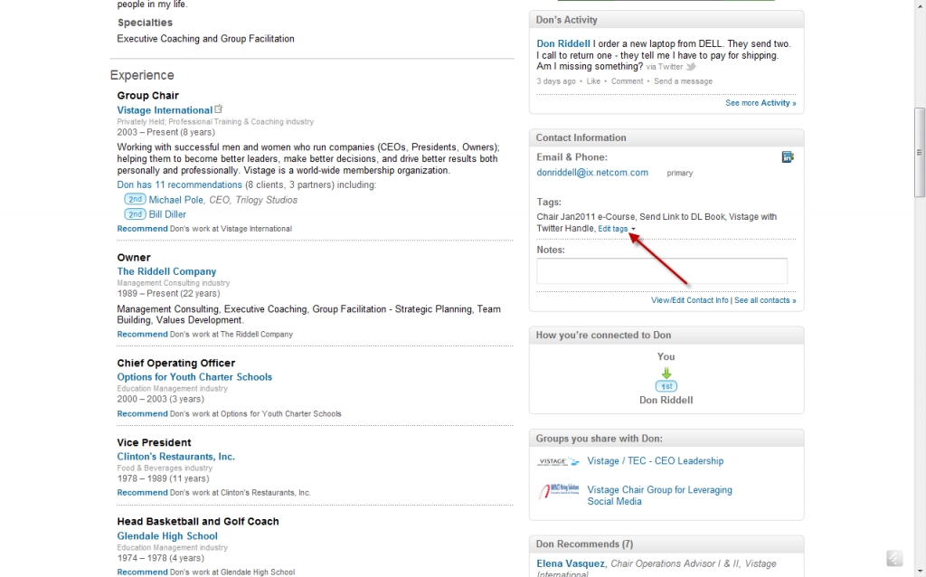 LinkedIn - Showing the edit tags option on a Profile